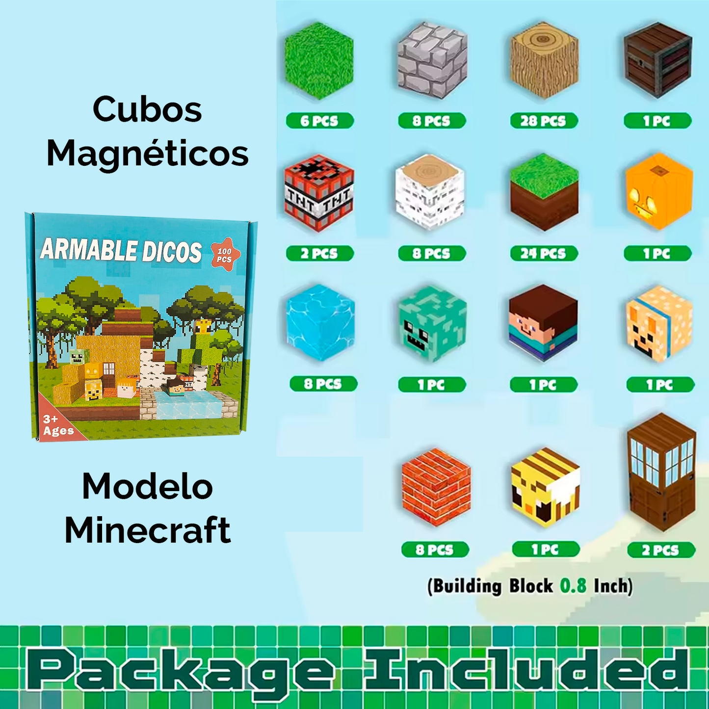 Bloque Mundo Magnético Minecraft de 100 piezas + ENVÍO GRATIS