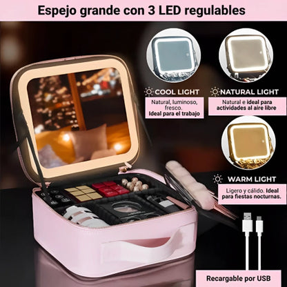 Neceser de Maquillaje Portátil con Espejo LED